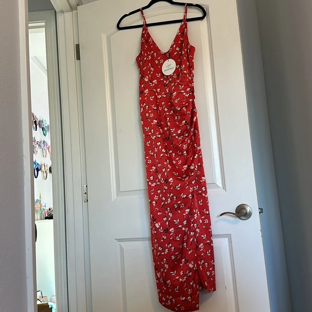 Lost and Wander Red Long Ruched Satin Dress